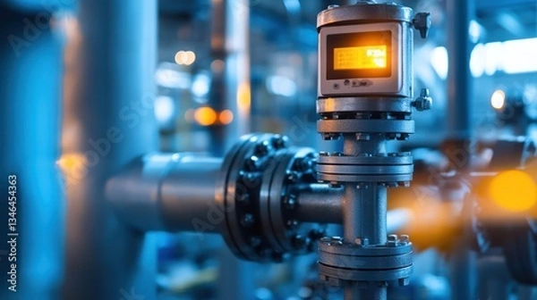 Fototapeta Industrial digital flow meter, pipeline, factory, process control, background lights, energy production