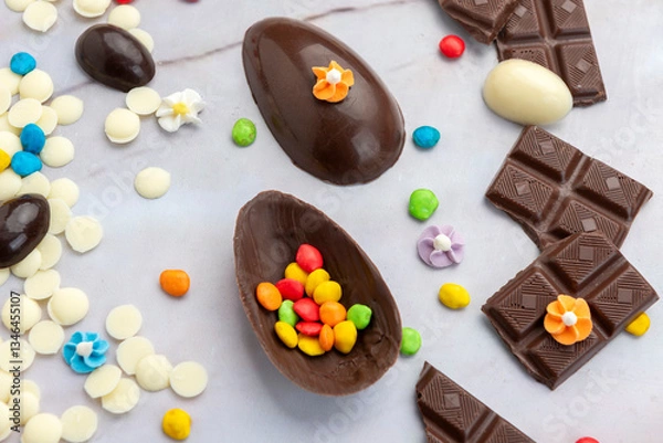 Fototapeta Dark and white chocolate Easter eggs and bunnies with fruit-colored candies and chocolate bars on a counter