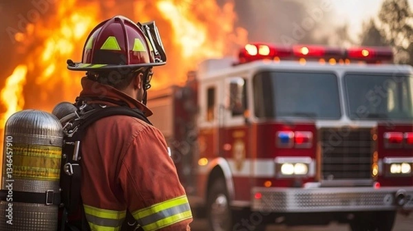 Fototapeta Firefighter in action against the backdrop of a burning building. Firefighters in action.