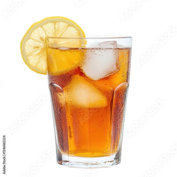 Obraz A refreshing glass of iced tea with lemon and ice cubes, exuding a chilled and inviting appearance, Transparent background.