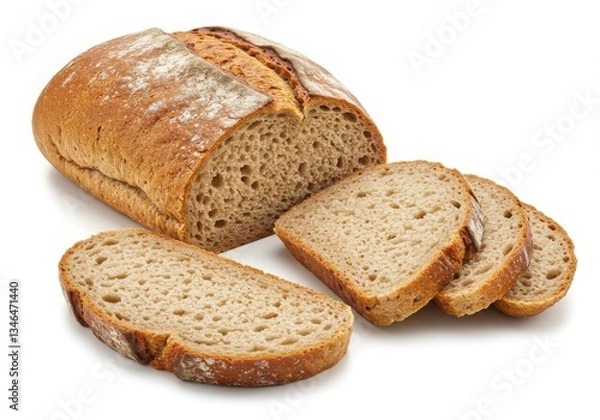 Fototapeta Whole grain bread and sliced pieces isolated on White transparent background, Ai Genarated