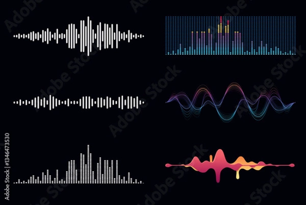 Fototapeta Glowing Sound Waves Visualizer Set. A collection of stylish sound waves in the form of vector equalizers and spectrograms. Suitable for music projects, podcasts, and DJ productions.