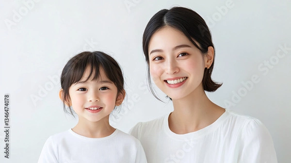 Fototapeta Studio Portrait of a Happy Asian Mother and Daughter Hugging: A Family Concept Featuring a Japanese Young Mother and Her Cute daughter Interacting and Smiling in Front of a Plain White Background,