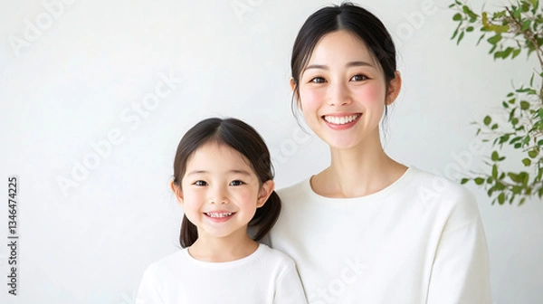 Fototapeta Studio Portrait of a Happy Asian Mother and Daughter Hugging: A Family Concept Featuring a Japanese Young Mother and Her Cute daughter Interacting and Smiling in Front of a Plain White Background,