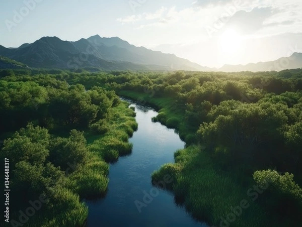 Fototapeta River flows through lush mountain valley.