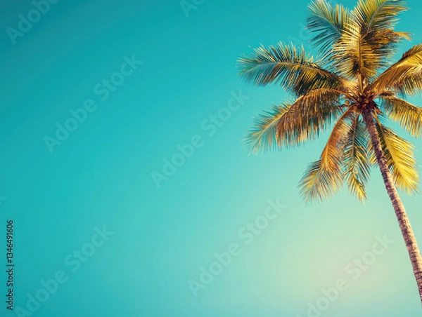 Fototapeta vibrant palm tree reaches towards clear blue sky, evoking sense of tranquility and warmth
