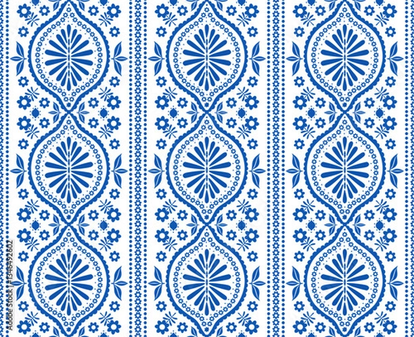 Fototapeta blue and white mediterranean abstract floral stripes seamless pattern, vector illustration repeat design