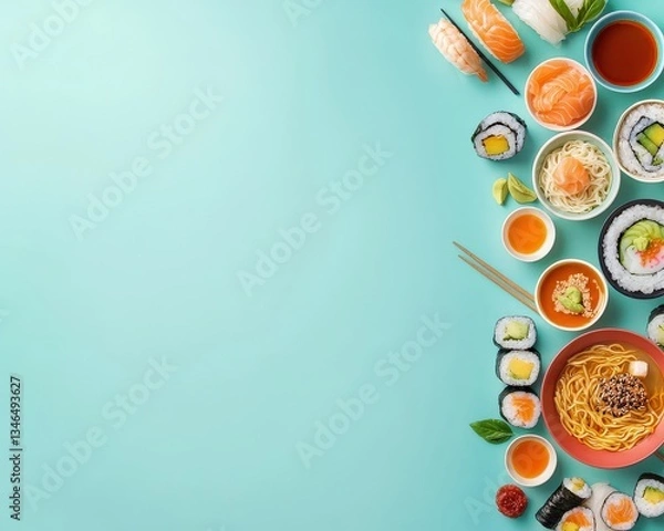 Obraz A top-down food illustration of ramen and sushi placed in geometric order.