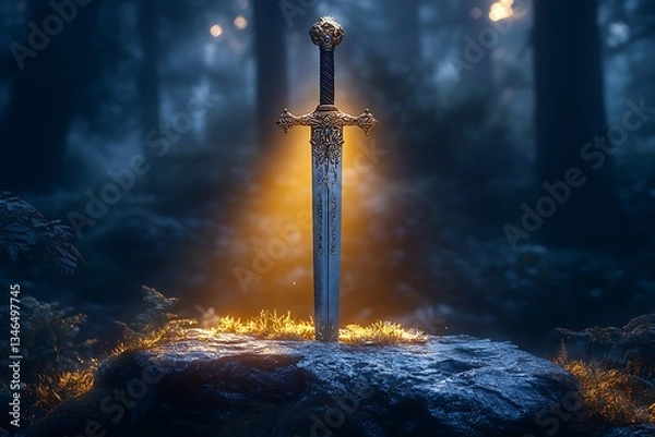 Fototapeta Enchanted Forest Sword in Stone Fantasy Game Art, Epic Medieval Weapon