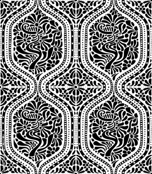 Fototapeta black and white climbing  trailing floral botanical ogees stripes in vintage antique style seamless pattern, vector illustration repeat design