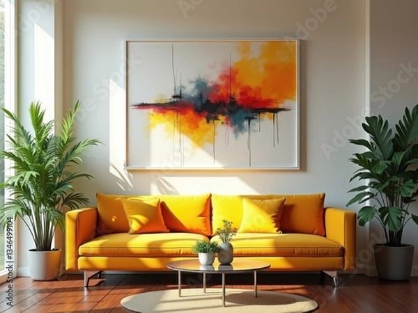 Fototapeta Sala de estar luminosa con un sofá de color amarillo mostaza, una mesa de centro de vidrio y una maqueta de marco abstracto moderno en la pared