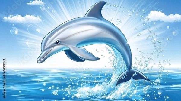 Fototapeta Jumping Dolphin in Ocean with Blue Sky and Sunlight Reflection