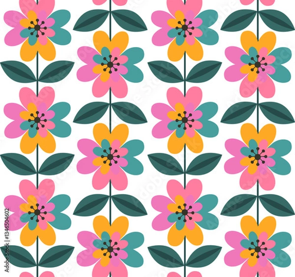Fototapeta retro blooms mcm mid century modern style spring seamless pattern, vector illustration floral repeat design