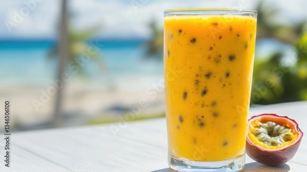 Fototapeta Refreshing Passion Fruit and Mango Juice in a Tropical Beach Setting
