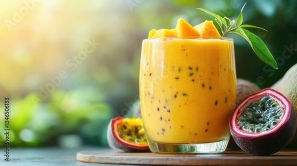 Fototapeta Refreshing Tropical Fruit Smoothie in a Clear Glass with Garnish