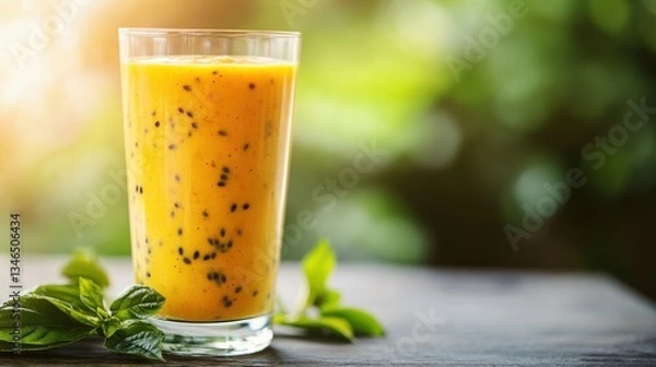 Fototapeta Refreshing Mango Smoothie with Basil Garnish in Natural Setting