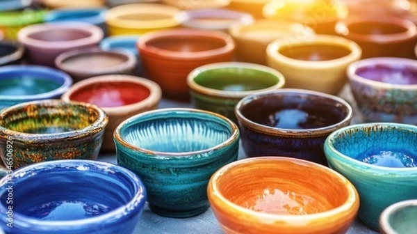 Fototapeta Colorful Handcrafted Ceramic Bowls Displayed in a Bright Marketplace