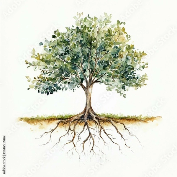 Fototapeta tree isolated on white, tree with roots, green, watercolor