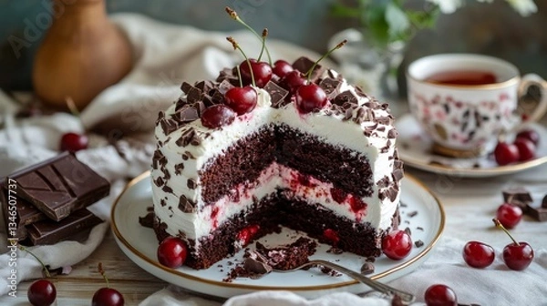 Fototapeta Black forest cake, Schwarzwald pie, cherry cake and chocolate with cup of tea. Vegan food, sugar, lactose and gluten free. Vertical orientation.