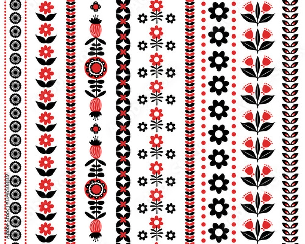 Fototapeta folk art scandinavian nordic style floral botanical stripes seamless pattern, vector illustration scandi  folksy flowers and foliage repeat design in black white red