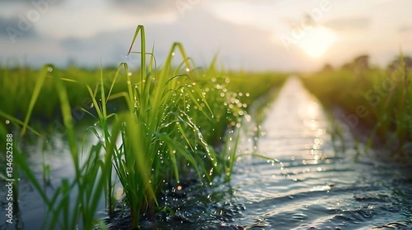Fototapeta Automated flood irrigation system in a rice paddy, efficiently managing water levels for optimal growth