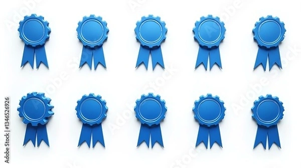 Fototapeta Simple Top View Row of Blue Award Ribbons Rosettes Isolated on White Background - Achievement Success Recognition Honors Prizes Celebration