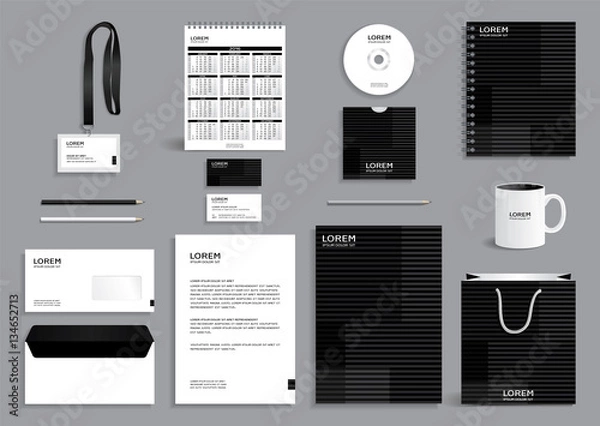 Obraz Business stationery set template, corporate identity design mock-up containing black pattern with horizontal stripes