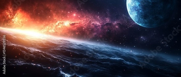 Fototapeta A colorful space scene with a blue planet and red and orange clouds