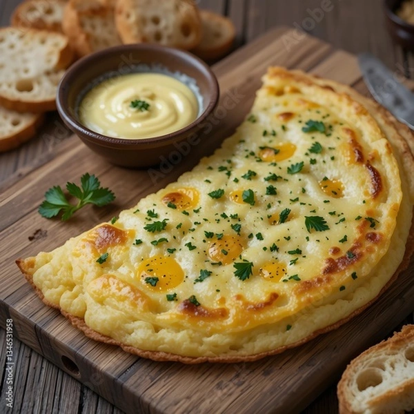 Fototapeta A rustic scene of tortilla española served on a wooden cutting board. The thick potato and egg omelet is garnished with a sprinkle of fresh parsley, paired with a small bowl of aioli and slices