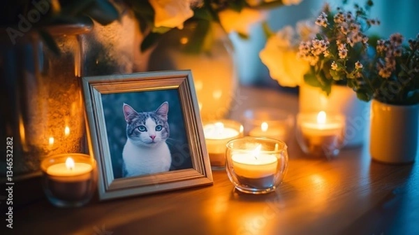 Fototapeta A Cherished Memory Of A Beloved Cat, Captured In A Framed Photo Amidst Flickering Candlelight And Delicate Flowers, Creating A Warm And Comforting Ambiance