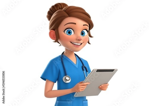 Fototapeta A cheerful young cartoon doctor reviewing patient data on her tablet, bright and friendly 3D animation style.