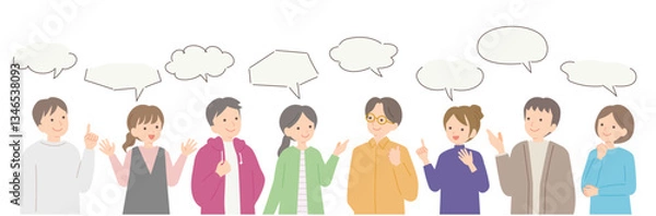 Obraz 様々な意見を出し合う8人の男女のイラスト