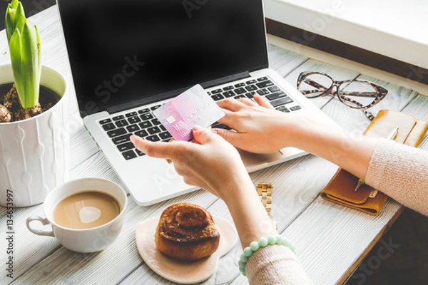 Obraz concept girl online shopping with laptop mock up