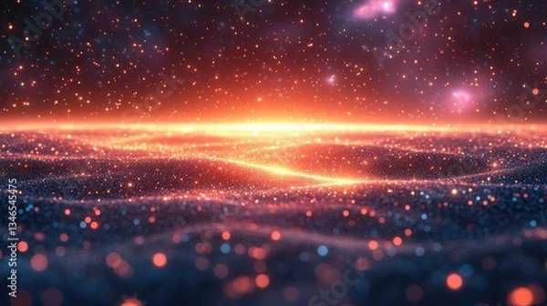 Fototapeta Glowing particles sunrise landscape, cosmic background, digital art