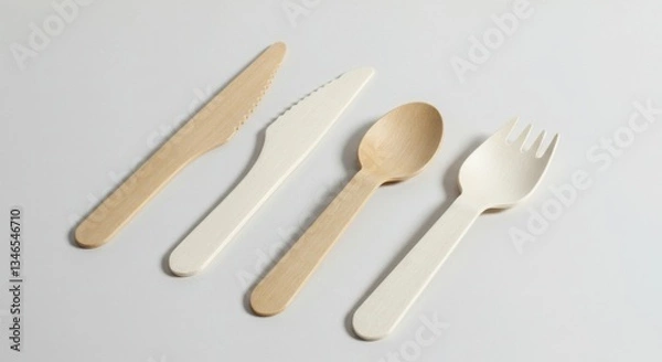 Fototapeta Eco-Friendly Disposable Wooden Cutlery Set: Sustainable Biodegradable Flatware for Picnic and Party -  White and Natural Bamboo Utensils