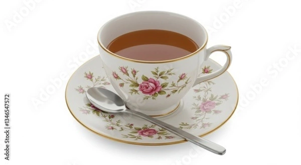 Fototapeta Floral Teacup and Saucer with Spoon; Vintage Tea Set, Rose Pattern Teacup