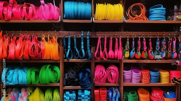 Fototapeta A Vibrant Rainbow Of Pet Leashes And Collars Displayed Neatly On Shelves, Showcasing A Playful And Colorful Pet Supply Store Aesthetic