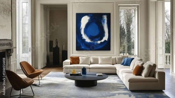 Fototapeta A contemporary living room featuring a plush sectional sofa, minimalist coffee table, and a striking blue and white abstract painting, creating a stylish, elegant space