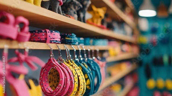 Fototapeta A Vibrant Collection Of Colorful Pet Collars And Leashes Displayed On Wooden Shelves In A Cheerful Pet Shop, Showcasing Playful Patterns And Bright Hues