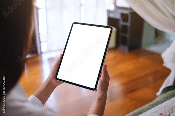 Fototapeta Mockup image of a woman holding tablet with blank desktop white screen on the bed at home