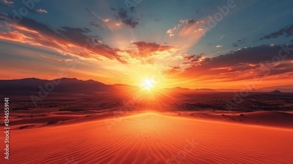 Fototapeta Desert sunrise skyline horizon warm glow concept. A breathtaking sunset over vast sand dunes, with vibrant orange and red hues illuminating the sky and casting long shadows across the desert landscape