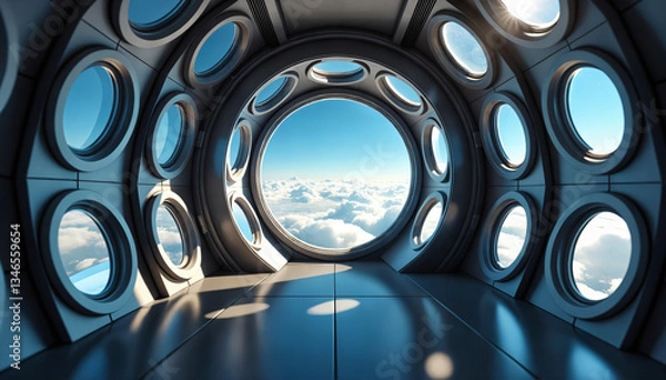 Fototapeta Backdrop of the interior of a futuristic spaceship with round windows.