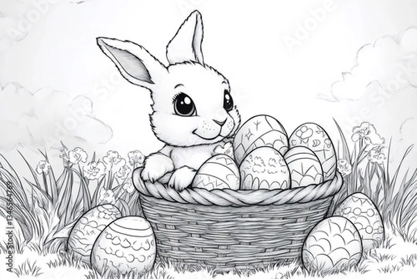 Fototapeta Cute easter bunny showing decorated eggs in basket in spring meadow coloring page