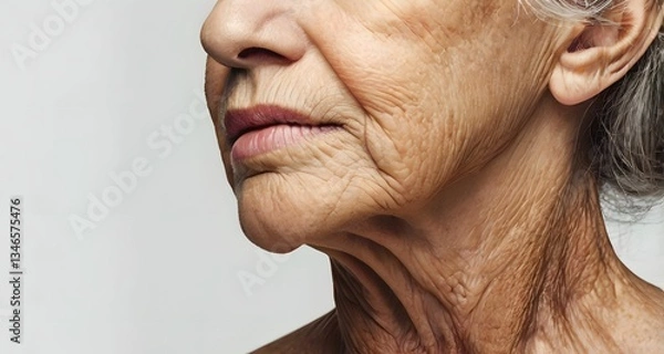 Fototapeta Close up of middle-aged senior old woman neck - shows wrinkles and lines as natural part of aging as the skin loses elasticity and collagen - being exposed to UV light over time