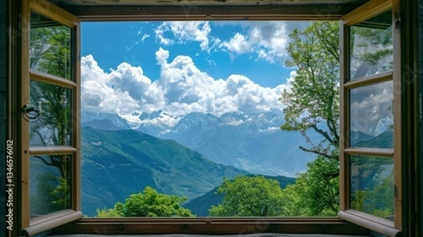 Fototapeta A scenic mountain view from a window.