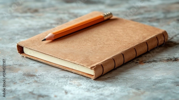 Fototapeta Vintage kraft notebook with pencil on textured surface, top view