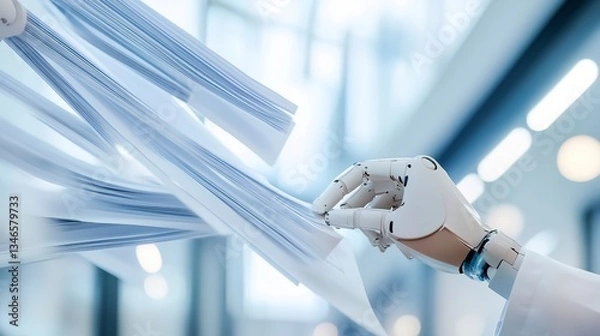 Fototapeta A Robotic Hand Gently Sifting Through A Flurry Of Papers, A Futuristic Vision Of Efficient Document Management In A Bright, Modern Office