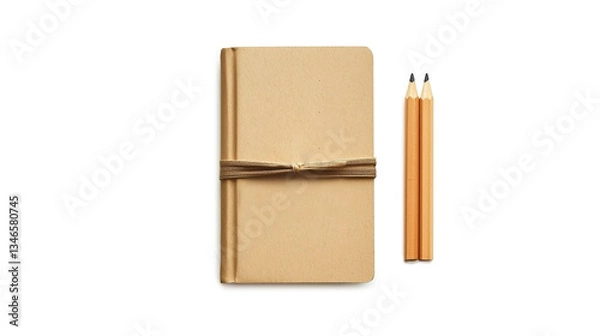 Fototapeta Eco-friendly kraft notebook with pencils, tied with string, isolated on white background