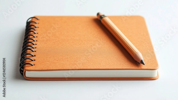 Fototapeta Orange spiral notebook with pencil, minimal stationery, isolated on white background