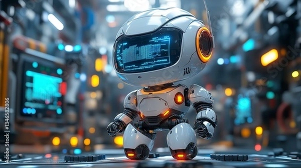 Fototapeta Cute cartoon robot in futuristic tech environment